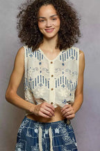 POL Embroidered Floral Cropped Crochet Vest