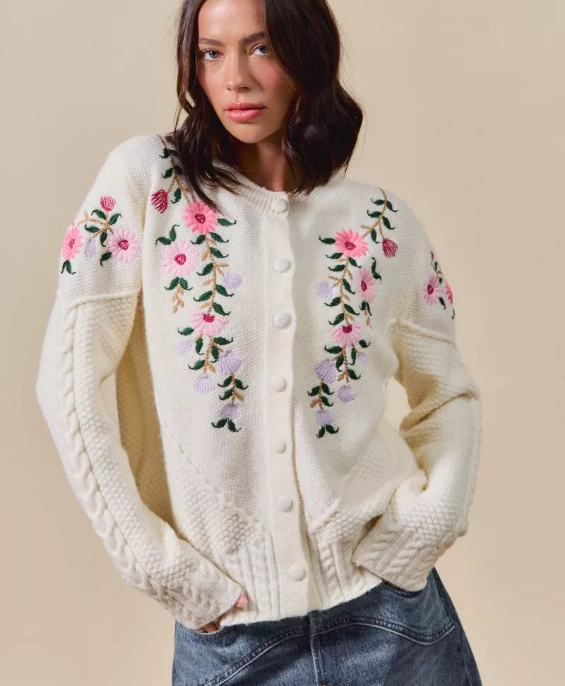 SO ME Women's Sweater Cardigan Floral Embroidered Coquette Ivory Cable-Knit IVORY 898045d11f1f4aac883add7f45abe1ae-Max-Origin Trendsi