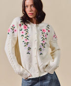 SO ME Women's Sweater Cardigan Floral Embroidered Coquette Ivory Cable-Knit IVORY 898045d11f1f4aac883add7f45abe1ae-Max-Origin Trendsi