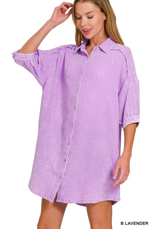 Zenana Shirt Dress Lavender Washed Double Gauze Oversized Pocketed 898a963b5d734315b51ff7fde64ac203-Max-Origin Trendsi
