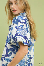 Umgee Womens Blouse Blue Lush Blossom Print Puff Sleeve Top with Ruffle Trim 8998c6c9-d734-4ecf-a19b-5cd2a9d0b472-Max-Origin Trendsi