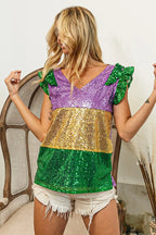 BiBi Womens Blouse Mardi Gras Sequin Color Block Ruffled Top Short Sleeve 899c0973c34d4994b5cb5f70949b64e4-Max-Origin Trendsi