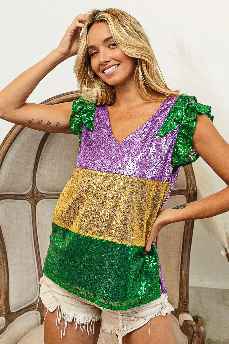 BiBi Womens Blouse Mardi Gras Sequin Color Block Ruffled Top Short Sleeve 899e101766c94e069be8d6415761f1c5-Max-Origin Trendsi