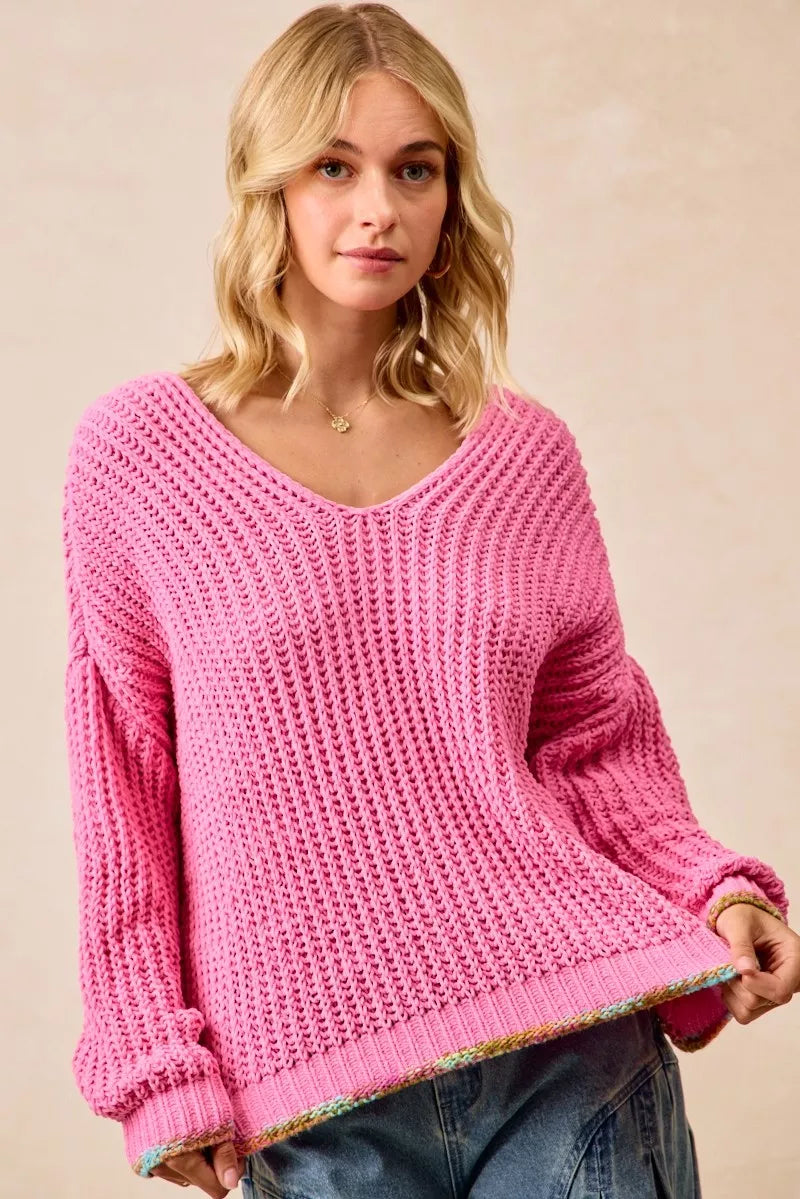 BiBi Womens V-Neck Sweater Pink with Colorful Trim 89a072becf364814962d4c9c71264dd4-Max-Origin Trendsi
