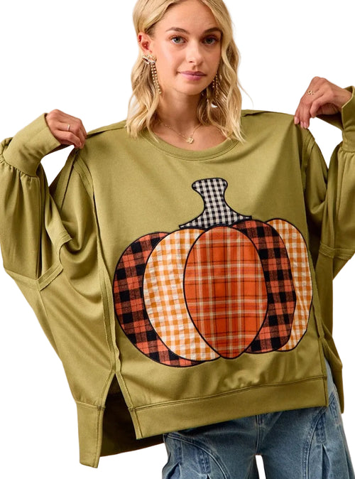 BiBi Plaid Mix Pumpkin Patchwork Cut Edge Detail Oversized French Terry Sweatshirt