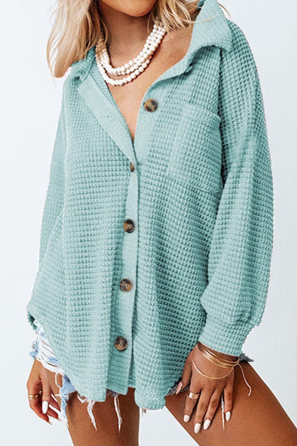 Waffle-Knit Women Shirt Collared Neck Long Sleeve Pocketed Single Breasted Light Green 89a74001-3234-46d8-813f-272277eadc7a-Max Trendsi