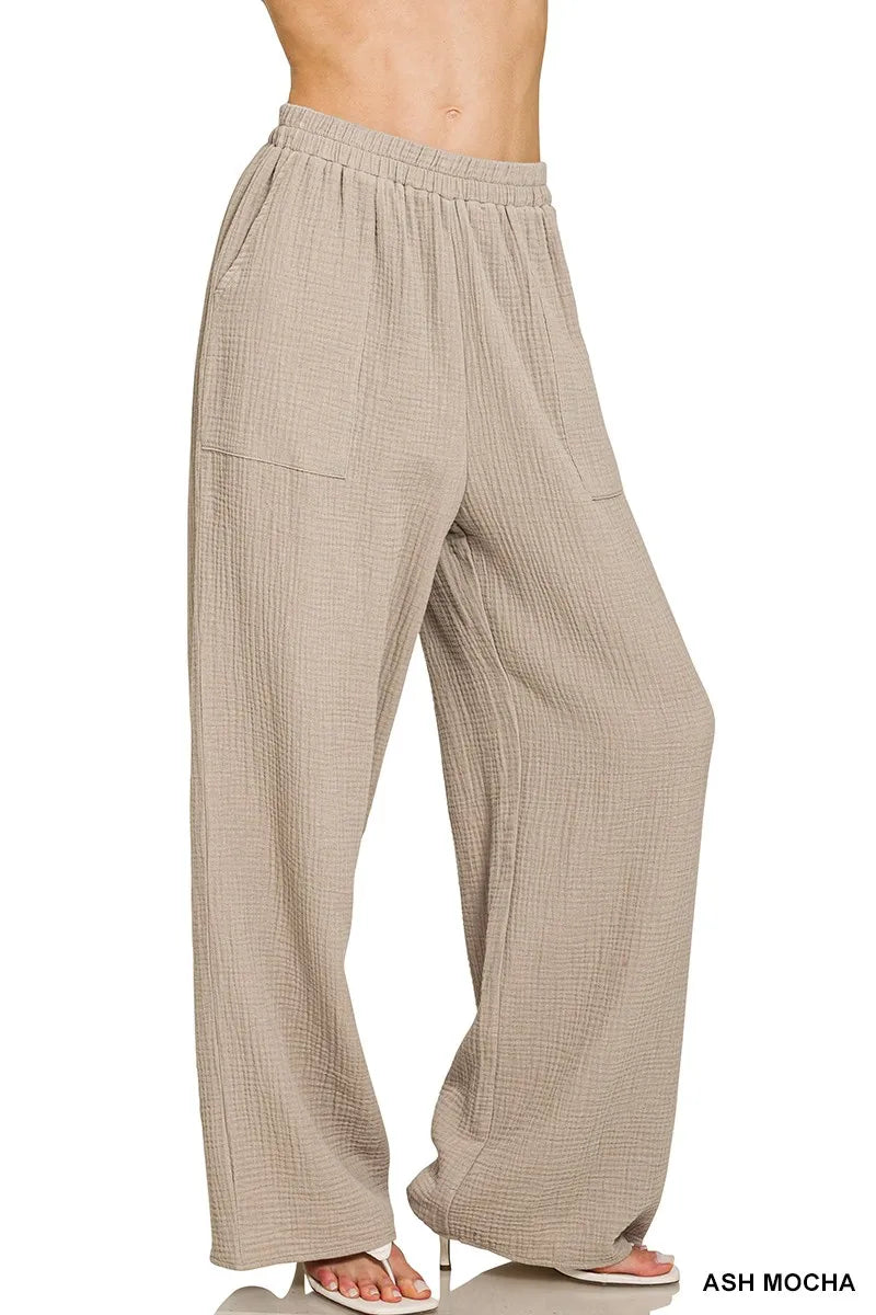Zenana Cotton Women's Pants Double Gauze Elastic Band Wide Leg Trousers ASH MOCHA
