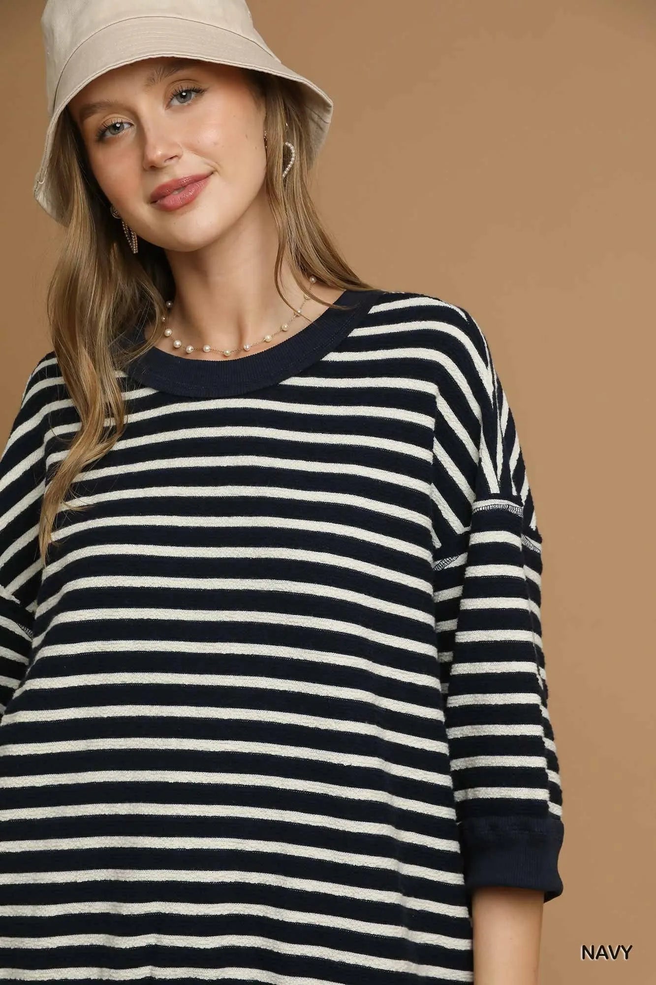 Umgee Knit Top Striped Oversized Navy Ribbed Hem 3/4 Sleeve Blouse 89acad85-4412-4765-93a9-f1a7a039a7bf-Max-Origin Trendsi