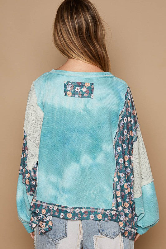 POL Floral Women Knit Top Patchwork Round Neck Long Sleeve Teal Blue