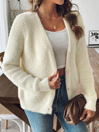 Cardigan Button Up V-Neck Long Sleeve Single Breasted Soft Knitwear Cream 89bb843d-d1a0-4097-ac8c-6475647381ef-Max Trendsi