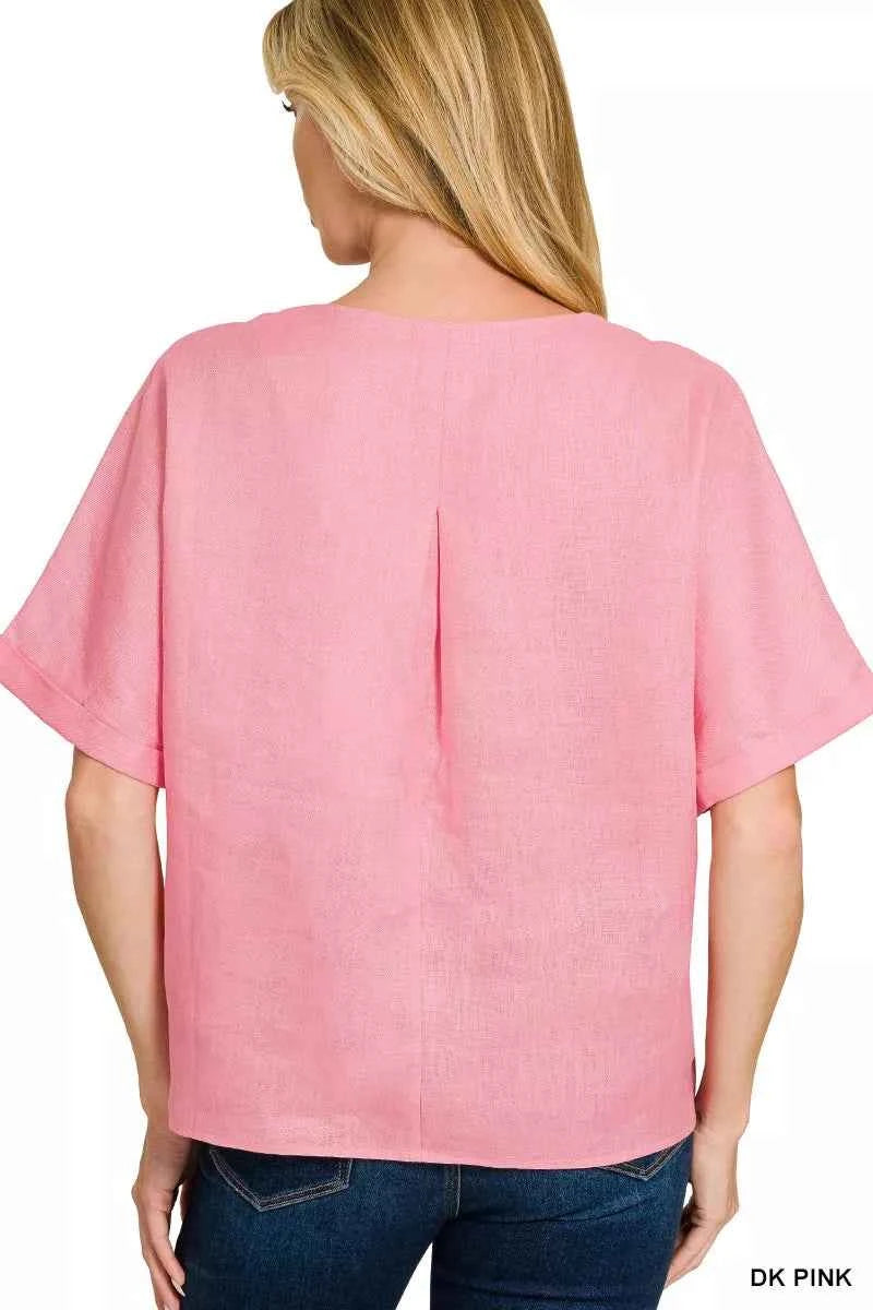 Zenana Linen V-Neck Cuffed Sleeve Top