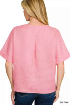 Zenana Linen V-Neck Cuffed Sleeve Top