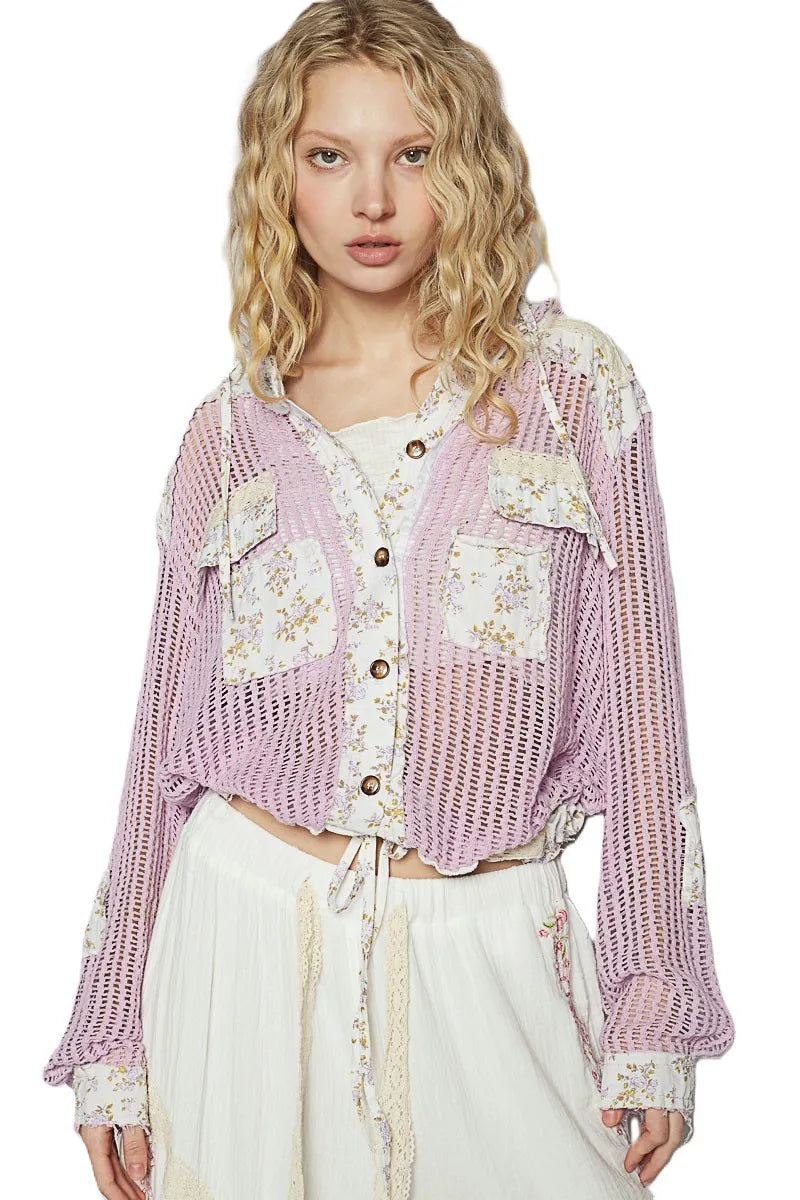 POL Jacket Washed Lace Lavender Floral Crochet Hooded Cable-Knit With Patchwork