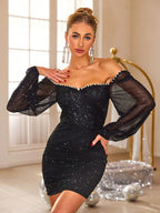 Glitter Mini Dress Pearl Trim Sweetheart Neck Black Long Sleeve Backless 89ca20df-af91-4037-a1d9-ec2ad96c488a-Max Trendsi