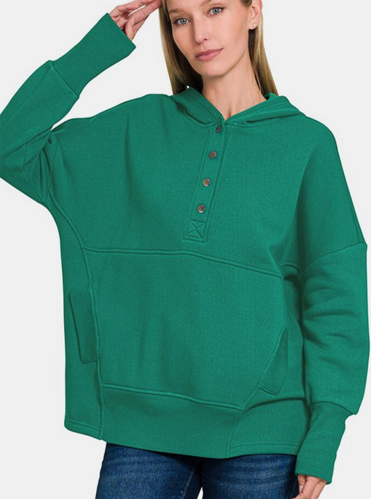 Zenana Hoodie Cotton Blend Green Half Snap Long Sleeve with Kangaroo Pocket