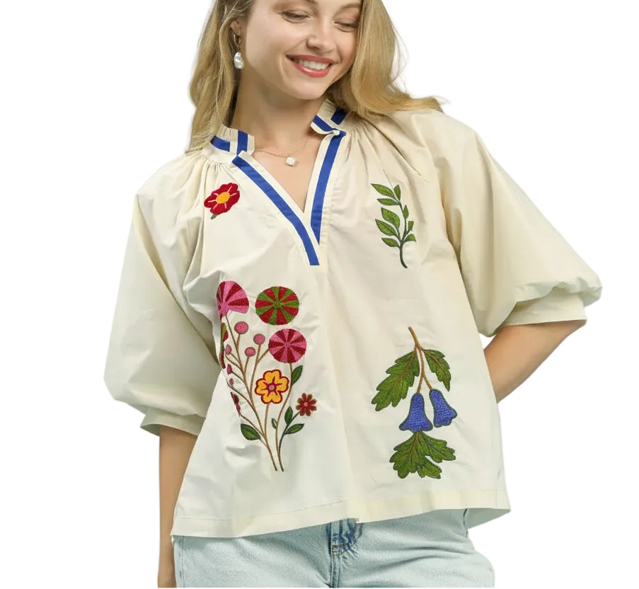 Umgee Embroidered Floral V-Neck Blouse with Puff 3/4 Sleeves