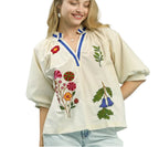Umgee Embroidered Floral V-Neck Blouse with Puff 3/4 Sleeves