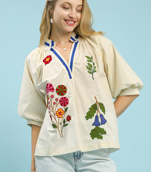 Umgee Embroidered Floral V-Neck Blouse with Puff 3/4 Sleeves