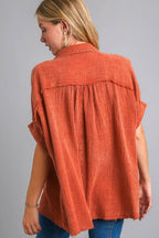 Umgee Shirt Cotton Gauze Mineral Wash Orange-Red Short Sleeve 89d649d8-1d55-427f-9cb5-6b47c0c98167-Max Trendsi