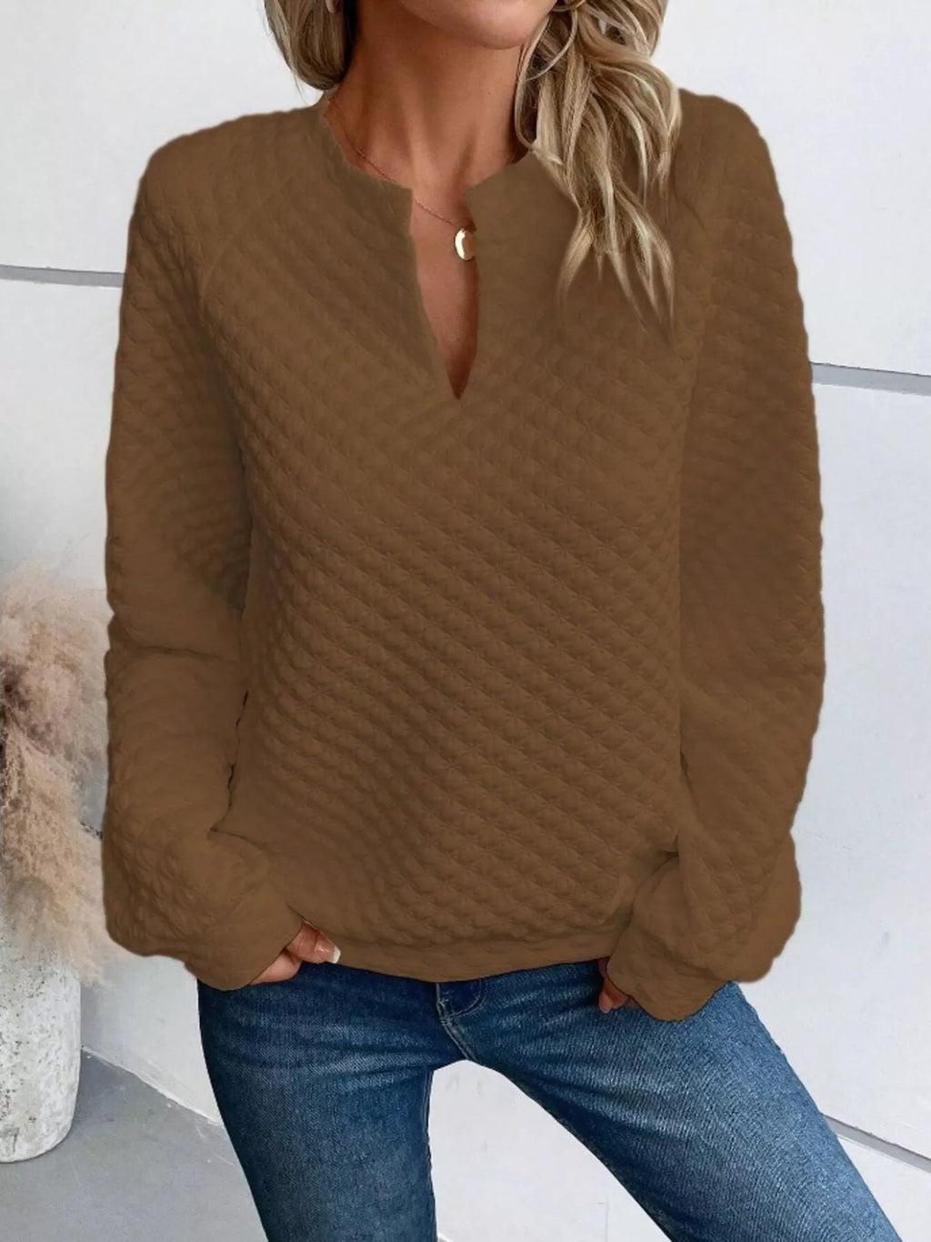 Women's Sweatshirt Textured Notched Raglan Long Sleeve Top D.brown 89dd07f6f56445d08b7c7a3a2fdba8cf-Max-Origin Trendsi