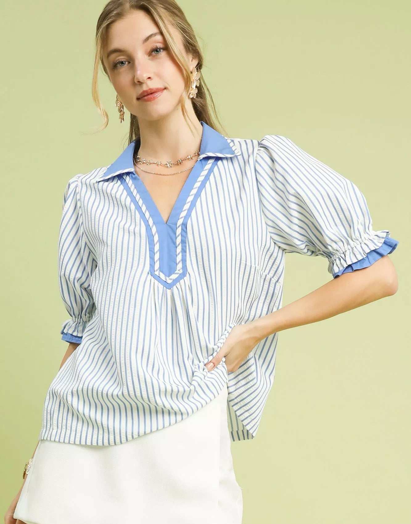 Umgee Seersucker Stripe Ruffle Sleeve Top