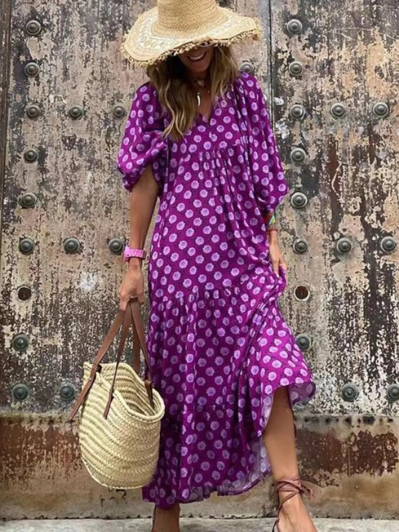 Maxi Dresses Colorful Printed V-Neck Balloon Short Sleeve Ruffled Oversized 89f7670a2da6457d9dfb8ae92f3e308b-Max-Origin Trendsi