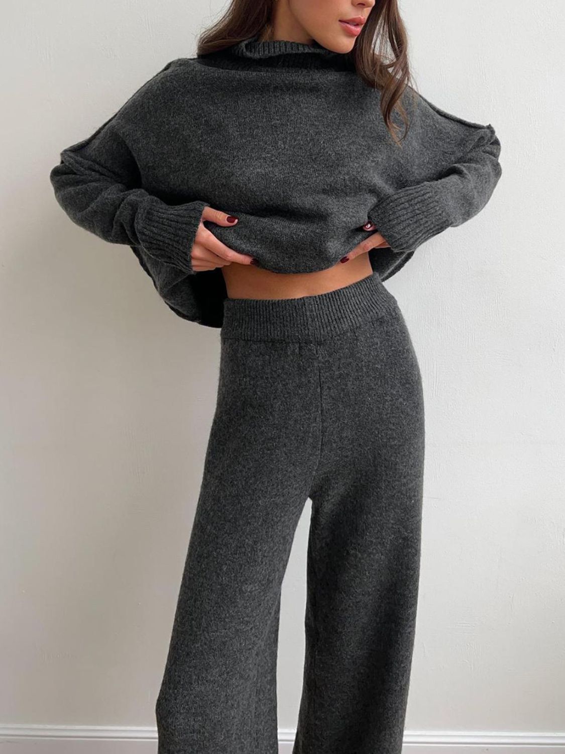 Outfit Set Women Knit Slit Turtleneck Sweater Long Sleeve and Pants 2 Pcs