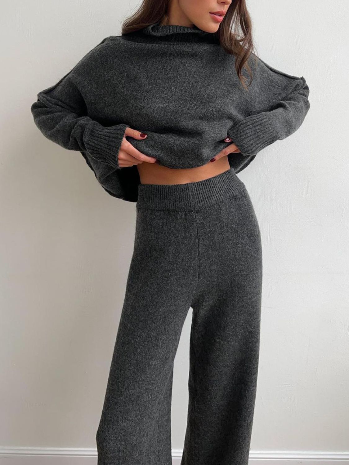 Outfit Set Women Knit Slit Turtleneck Sweater Long Sleeve and Pants 2 Pcs Dark Gray One Size 89fde0f9-da42-4448-96d1-ea1a008b82ea-Max Trendsi