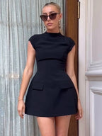 Fashion A-Line Mini Dress Mock Neck Short Sleeve Slim Waist Streetwear
