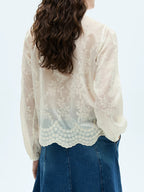 Women's Shirt Blouse Floral Embroidered Sheer Lace Long Sleeve Ruffle Neck Top