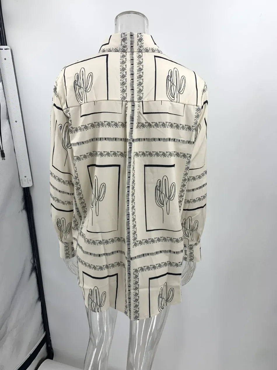 Women's Casual Fashion Outfit Set Cactus Print Long Sleeve Shirt Wide Leg Pants