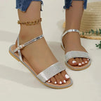Rhinestone Women's Sandals Ankle Strap Pu Leather Open Toe Summer Flats