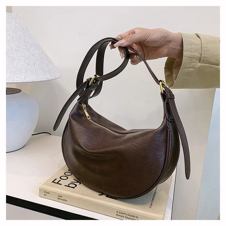 Crescent Shoulder Bag with Plush Charm Medium Zipper Soft Pu Leather Crossbody