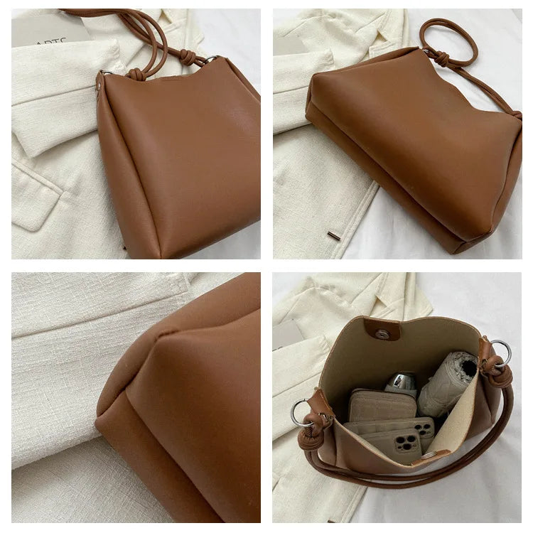 Women's Casual Shoulder Bag Simple PU Leather Knot Straps Black Handbags