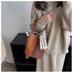 Women's Bucket Bag Small Coffee Brown PU Leather Two-Tone Casual Crossbody