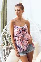 BiBi Floral Blouse Pink Mix Printed Jersey Knit with Tie Ribbon Front Top 8a01279624534780aaa362b87163a392-Max-Origin Trendsi