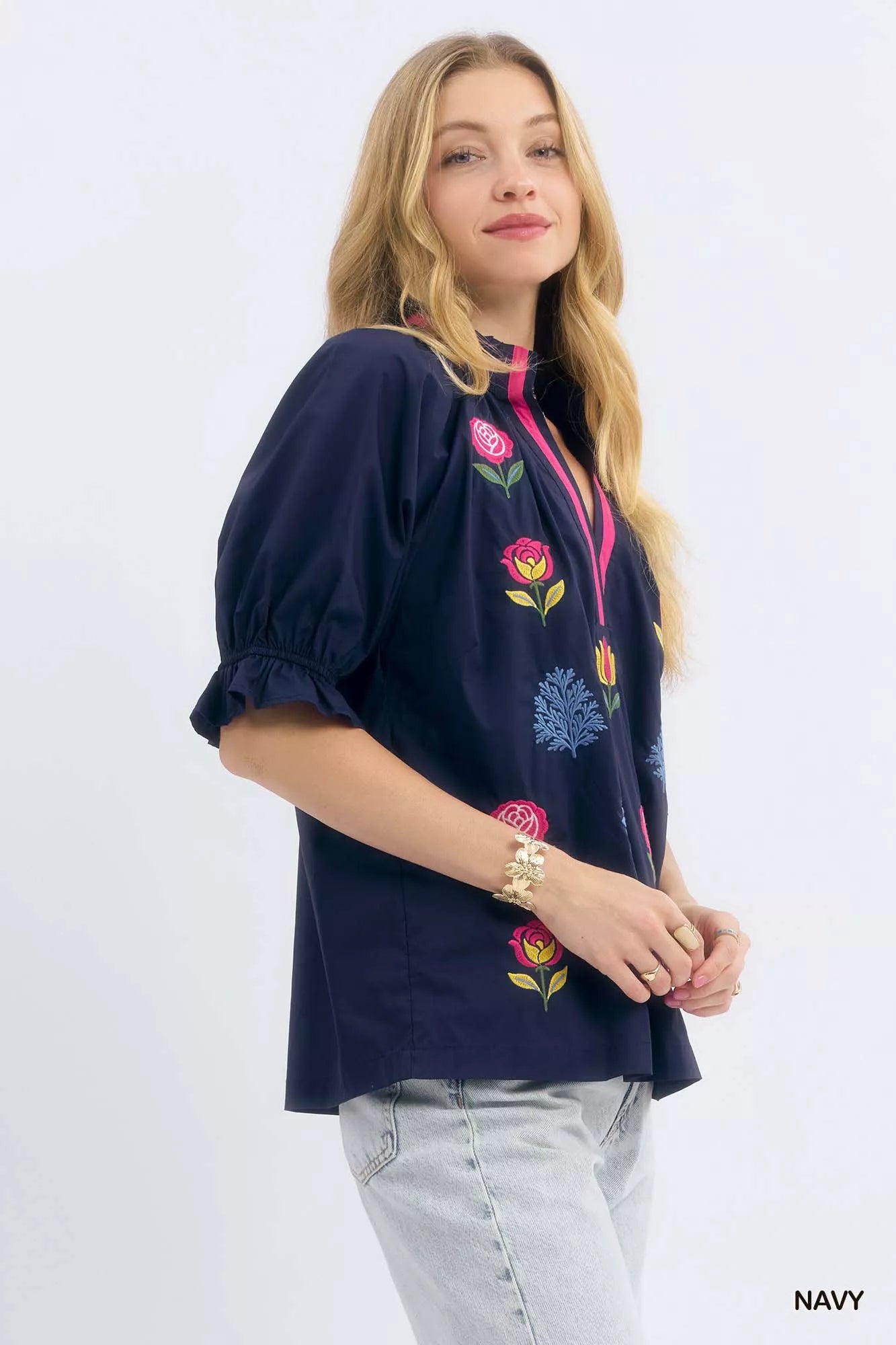 Umgee Womens Blouse Navy Blue Embroidered Floral Top with Contrast Trim 8a089fd4-4b1c-4317-94e9-657a4cd21971-Max-Origin Trendsi