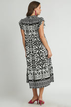 Umgee Midi Dress Floral Black Two Tone Border Print Ruffle Cap Short Sleeve 8a0f15e0-47e0-4bed-a443-91ca63261f63-Max Trendsi