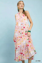 Umgee Abstract Print Tiered Halter Neck Midi Dress