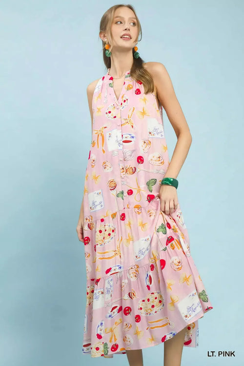 Umgee Abstract Print Tiered Halter Neck Midi Dress