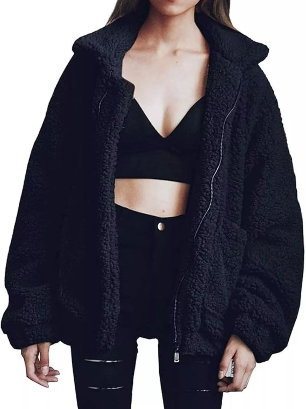 Womens Fleece Jacket Cozy Soft Zip Up Plus Sizes S-3XL Black 8a23400f-dc9c-4fbc-8def-52b2d7563961-Max-Origin Trendsi