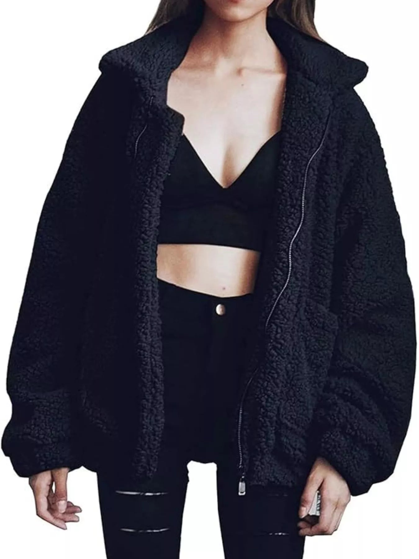 Womens Fleece Jacket Cozy Soft Zip Up Plus Sizes S-3XL Black