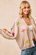 BiBi Knit Cardigan Womens Oatmeal Two Tone with Leaf Patches Open 8a30be56f7ea40c9953a1c243446d866-Max-Origin Trendsi