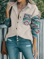 Shacket Corduroy Perfee Pocketed Geometric Collared Neck Outwear Dust Storm 8a34707a-7777-4891-a325-c855ec42f56b-Max Trendsi