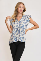 Umgee Babydoll Top Botanical Dusty Blue Floral Print Short Sleeve Dusty Blue 8a4194b2-eefe-4045-88b0-a34eb7c2f2f5-Max Trendsi