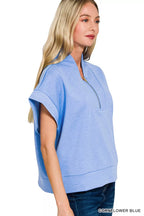 Zenana Womens Blouse Scuba Blue High Neck Half Zip Short Sleeve Top 8a42bdf1ebb04d87b1b855d50b81280e-Max-Origin Trendsi