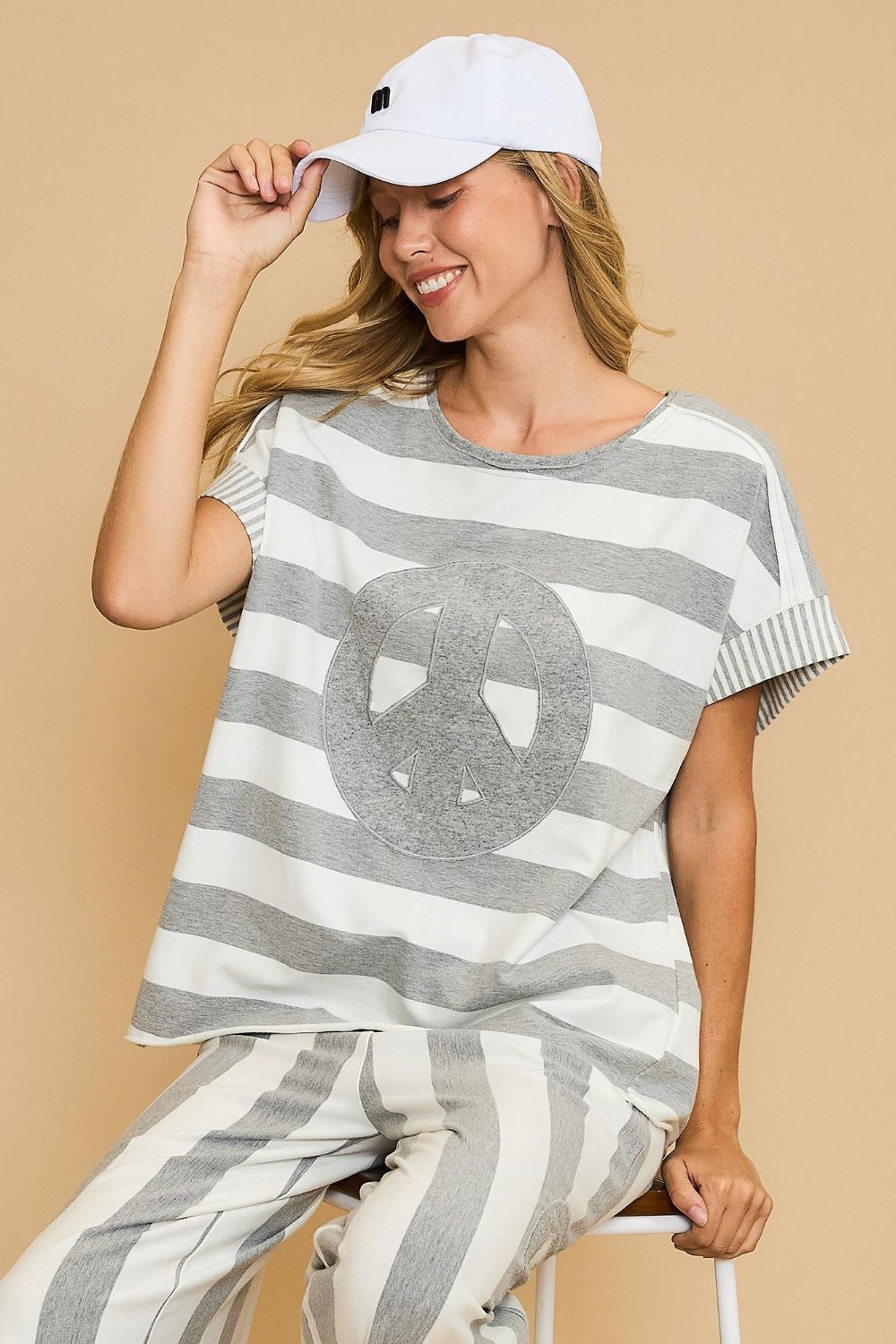 Umgee USA Women T-Shirt Gray Peace Sign Patch Striped French Terry Top Gray 8a46ed8d-5378-4751-b164-24c766f7ea0b-Max Trendsi
