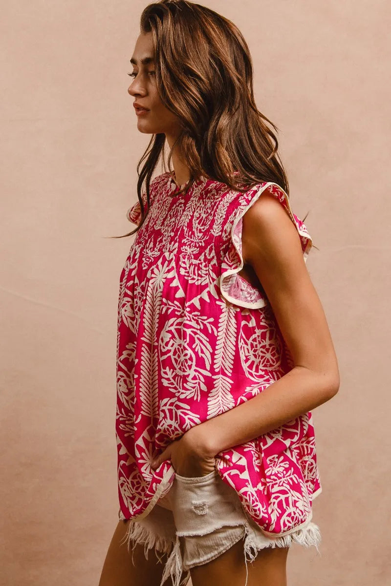 BiBi Women's Blouse Pink Floral Printed Ruffle Short Sleeve Top 8a4887d03c6241a4bfb4da35a1816dda-Max-Origin Trendsi