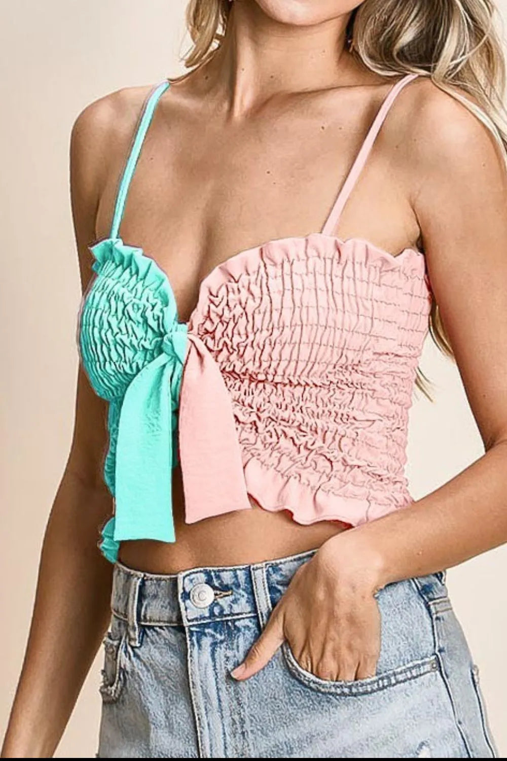 BiBi Color Block Smocked Ribbon Bra Top