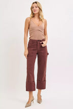 RISEN Womens Jeans Choco Brown High Rise Wide Straight Cuffed Patch 8a61a906d1464a7d8e78de76f5148995-Max-Origin Trendsi